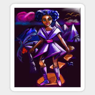 Anime girl with two puffs and lighting 2. Black afro anime girl in purple space fantasy scene ! beautiful  black girl with Braided hair, blue eyes, Cherry pink lips and dark brown skin. Hair love ! Sticker